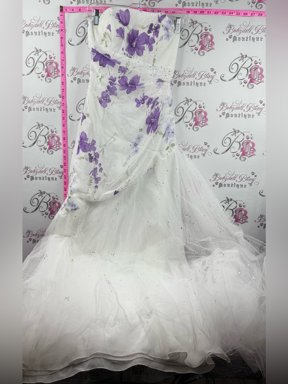 Mori Lee dress tutu hem corset back White Maxi gown puff Purple Floral Appliqué